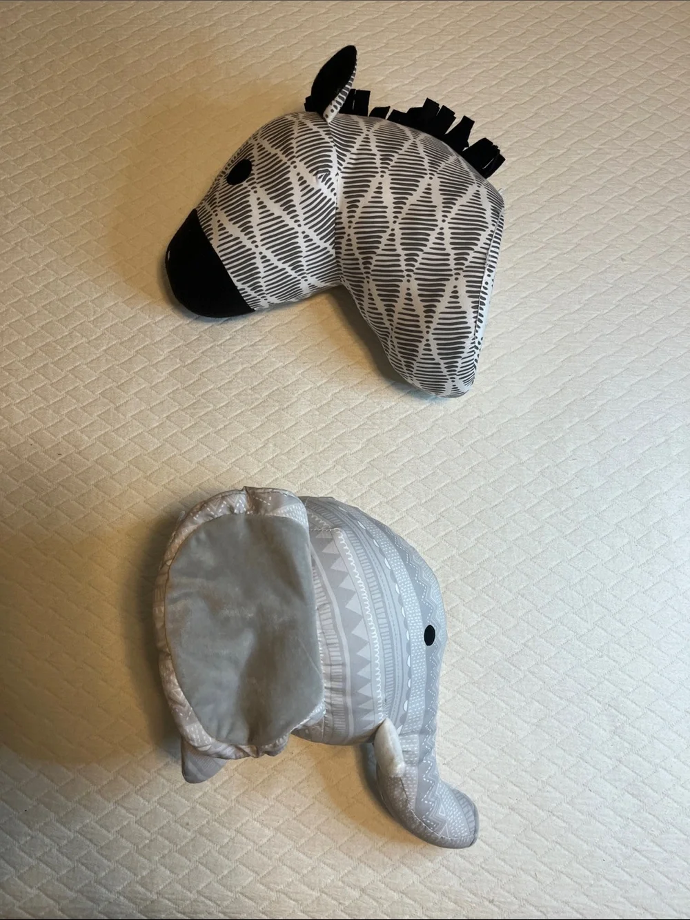 Nojo fabric Zebra and Elephant Plush Heads for Wall, Nursery Decor for Kids
